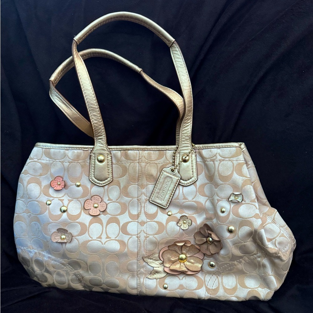 Coach gold monogram bag with 3D leather floral embellishments